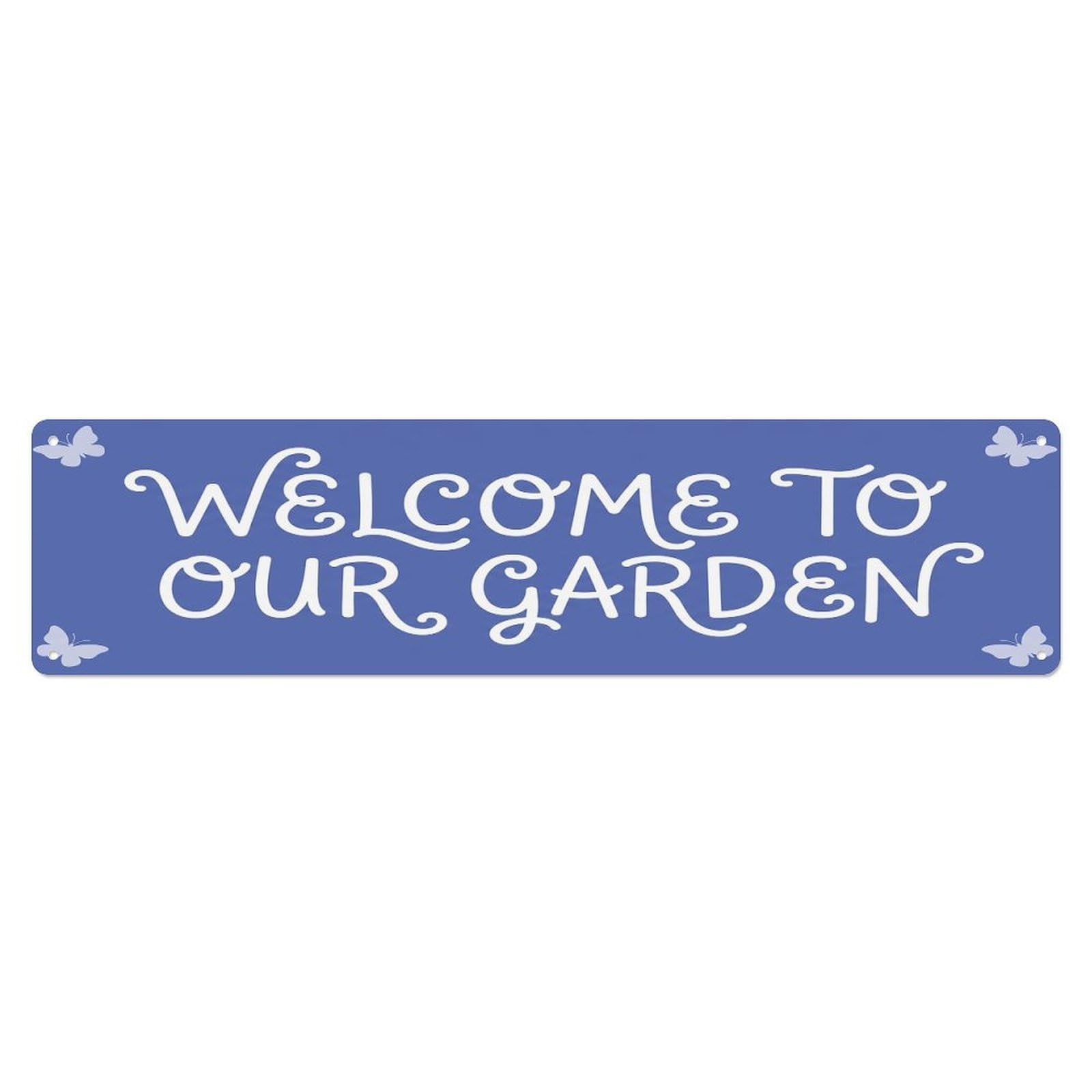 Vintage Welcome to Our Garden Periwinkle Blue Metal Tin Sign