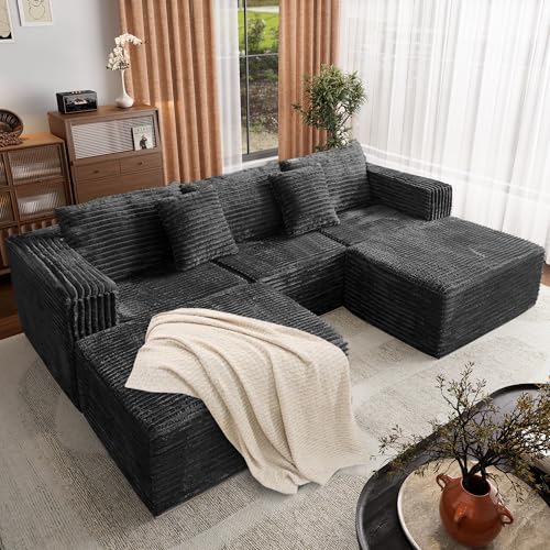 Image of 110 Corduroy Modular Sectional Boneless Sofa with 2 Ottomans, Convertible Cloud Couch with Deep Seats, Fluffy Memory Foam U Shaped Couch for Living Room, No Assembly Required (Black)
