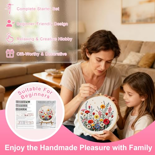 Image of Huacan Embroidery Kit Flower Pattern Practice Kit, Including Instructions, Embroidery Hoop, Cloth, Needles and Thread for DIY Craft