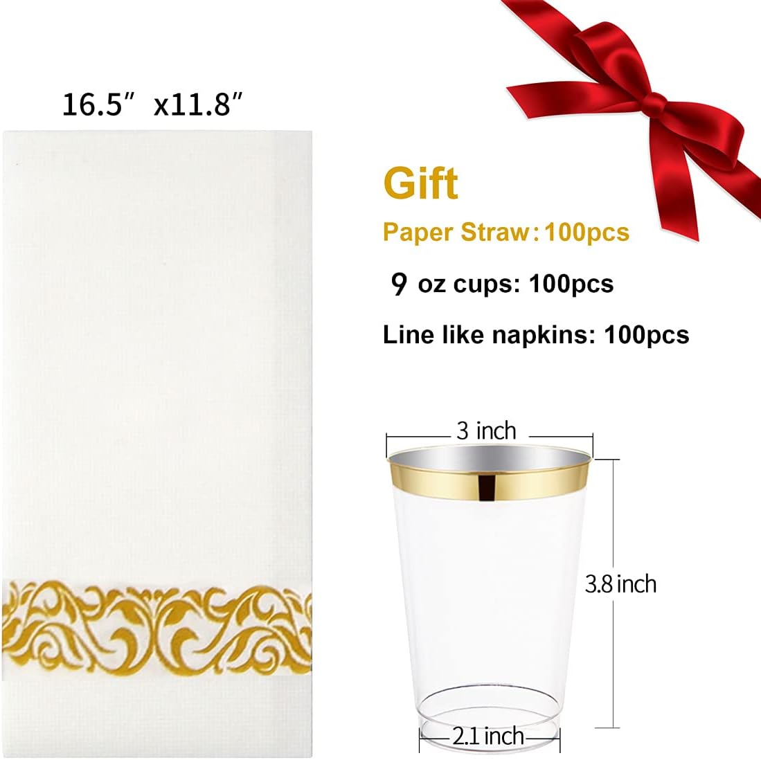 800 Piece Gold Dinnerware Set-200 Gold Plastic Plates-300 Gold Disposable Silverware Set-100 Cups-100 Linen Like Napkins-100 Paper Straws, Gold Tableware Set for Party or Wedding