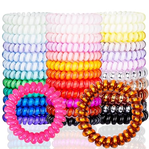 DeaLott Spiral Hair Ties, 30 Pack - No Crease Hair Elastics, Multi Color Waterproof Phone Cord Hair Coils, Elastic Hair Ties for Women, Girls, Kids with Thick Thin Hair - Mixed Candy and Shiny Colors