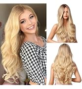 Long Blonde Wig for Women, Wavy Wigs Human Hair with Dark Roots, Natural Looking Blonde, Heat-Res...