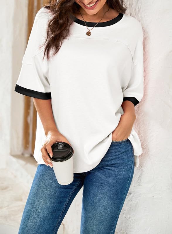 Dokotoo Summer Tops for Women 2026 Loose Oversized T Shirts Crewneck Color Block Side Slits Basic Tee Blouses - Image 4