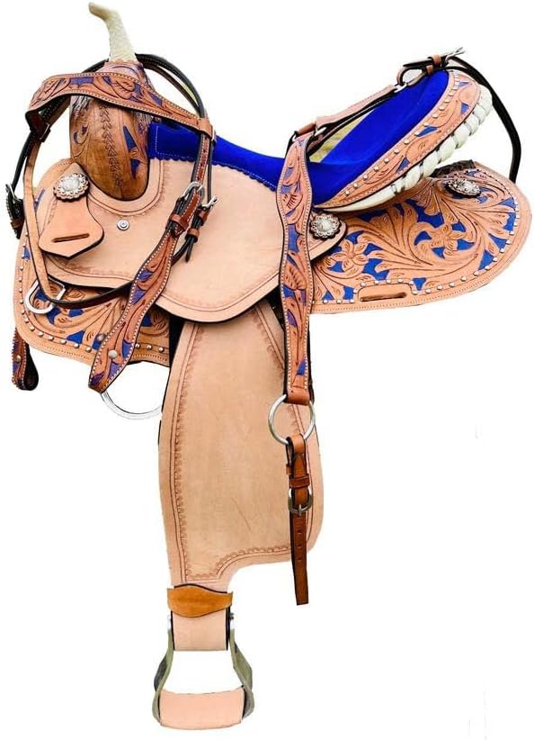 Leather Barrel Racing Western Horse Saddle Handmade Premium Custom Cowboy Cowgirl Pleasure Comfort Trail Tack Equestrian Tooled Carved Pony-Adult Saddle for Riding Size: 10-18 inch Seat, MO-07