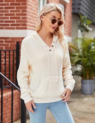 Image of CiCiBird Women's Fall Hoodies Sweater V Neck Waffle Knit Top with Pocket | Loose Fit, V Neck Button, Adjustable Drawstring, Long Sleeve, Kangaroo Pocket, Weekend Errands, Daily Wear, Work Casual