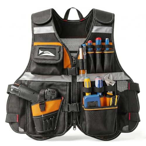 Electrician Tool Vest for Men, Tool Vest Electrician with Molded Drill Holster, 1680D Heavy Duty Adjustable Work Vest, Reflective Workwear with 16 Storage Spaces, Fits Chest 37"–64", Orange