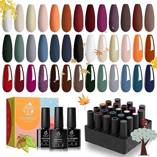 Beetles 20 Pcs Gel Nail Polish Kit- Glowing Attraction Collection Fall Winter Orange Burgundy Red Purple Gel Polish Set Gray Blue Green Soak Off Nail Lamp Base Top Coat Valentine's Day Gifts For Women #TOP4