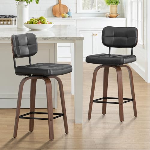 Butacos de Barra Set de 4 Giratorios, Cuero PU Negro | Butacos Modernos Giratorios de Altura para Isla de Cocina y Barra, Altura 26 pulgadas, Estructura de Madera y Metal con Apoyo para Espalda miniatura 3