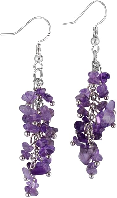 Nupuyai Crystal Stone Long Tassel Drop Earrings for Women, Chakra Healing Stone Dangle Earrings for Wedding Party Vacation, 62mm