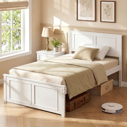 Giantex Wood Twin Bed Frames with Headboard Farmhouse Solid Platform Bed w/Wooden Slat Support Mattress Foundation Under-Bed Storage No Box Spring Needed White