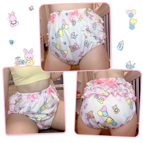 Image of Littleforbig Silky Washable Reusable Waterproof Ruffled Lace Bow Baby Cuties Pattern Ruffle Adult Diaper Cover M