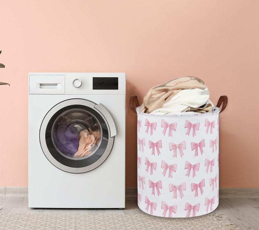 Image of Kids Laundry Hamper,Pink Laundry Basket Collapsible Girls Storage Baskets for Home Decor,Office,Toy Organizer,(Pink Bowknot)