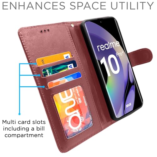 Image of Pikkme Realme 10 Pro Plus 5G Flip Cover Leather Finish | Inside TPU with Card Pockets | Wallet Stand and Shock Proof | Complete Protection Flip Case (Brown)