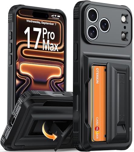 Oterkin for iPhone 17 Pro Max Wallet Case [4-5 Card Holder] [Kickstand] [Full Camera Protection] [RFID Blocking] [Military Grade Protection] Shockproof Rugged Case for iPhone 17 Pro Max Black