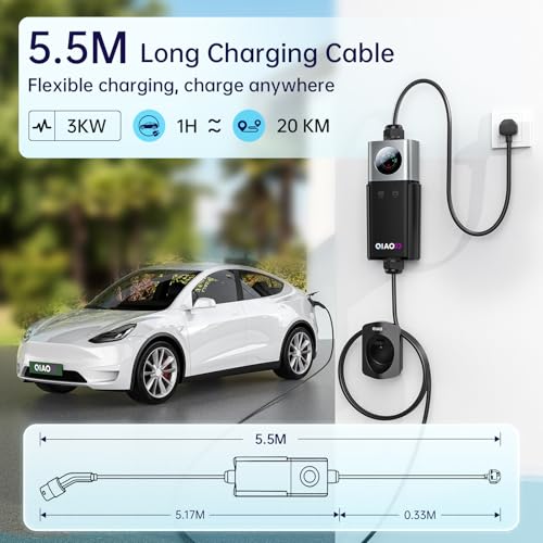 QIAO)) Portable 3kW EV Charger, 5.5M Type 2 Charging Cable to UK 3 Pin Plug, Electric Car Charger with LED Display Carry Bag, Adjustable Current [6/8/10/13A] Mobile Charging Station for Home Travel - Image 2