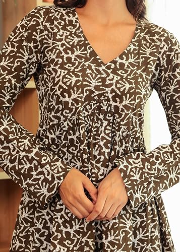 Image of LABEL ADRIJA Cotton V Neck Anarkali Short Kurti for Women Full Sleeve Floral Print | Short Kurtis for Women on Jeans