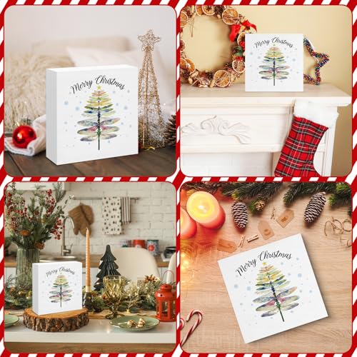 Image of Dragonfly Christmas Decor, Merry Christmas Wood Box Sign, Dragonfly Gifts for Women Men, Farmhouse Xmas Home Office Decorations for Desk Table Shelf 5 X 5 Inches