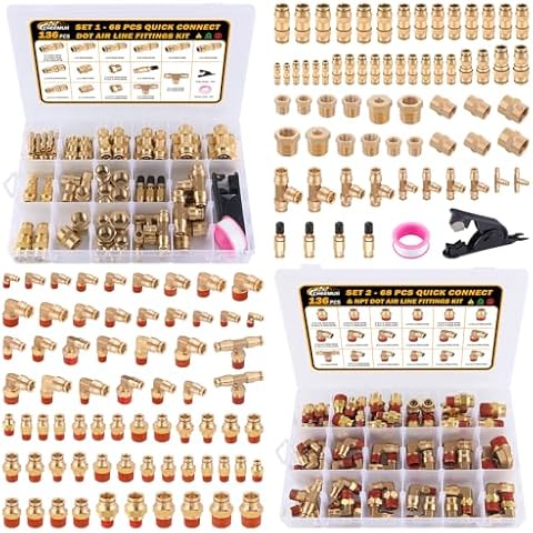 CheeMuii 136 PCS Brass DOT Air Line Fittings Kit Push Lock DOT Air Fittings Push to Connect Fittings 1/8" 1/4" 3/8" 1/2" Quick Connect Air Hose Fittings Assortment for Air Line Air Hose Cover