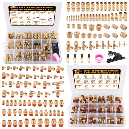 Image of CheeMuii 136 PCS Brass DOT Air Line Fittings Kit Push Lock DOT Air Fittings Push to Connect Fittings 1 /8 inch 1 /4 inch 3 /8 inch 1 /2 inch Quick Connect Air Hose Fittings Assortment for Air Line Air Hose