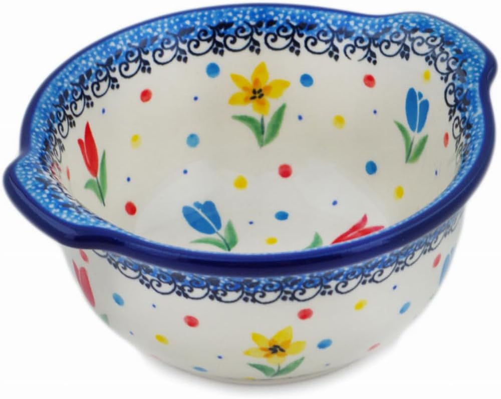 Polmedia Polish Pottery Bouillon Cup UNIKAT - Full Bloom Pattern Handmade in Boleslawiec Poland by Ceramika Artystyczna + Certificate of Authenticity