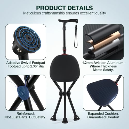 Image of Walking Cane with Seat - Folding Lightweight Walking Cane Chair for Seniors, Adjustable Height 32 inch-36 inch, Heavy-Duty 3-Legged Cane Stool for Men Women (Black)