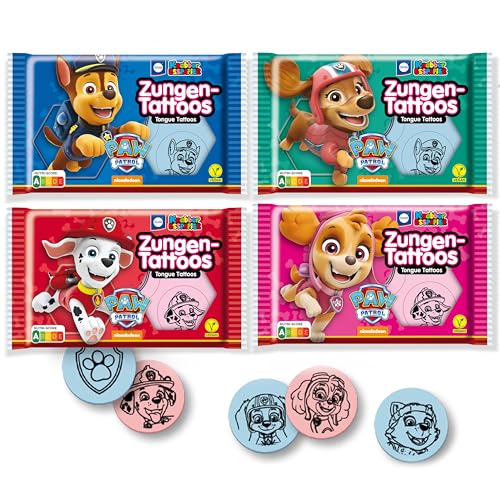 Küchle PawPatrol Zungentattoos im 4er Set 4x11g, vegane Süßigkeit, Tutti-Frutti & Erdbeer Geschmack, rot & blau, mit Skye, Chase, Zuma & Marshall von Paw Patrol, fruchtige Leckereien