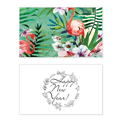 Tarjeta conmemorativa de año nuevo con flamenco y plantas tropicales exóticas