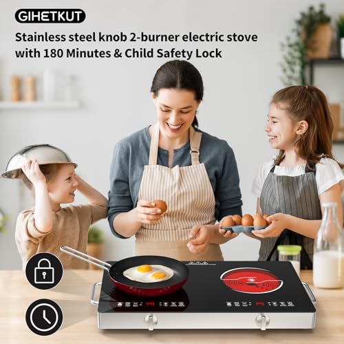 Image of GIHETKUT Electric Cooktop,110V 2400W Stove top, Countertop Cooktop with 9 Power Levels, LED Display,Child Safety Lock, Timer,Knob and Touch Control 2 burner Electric cooktop