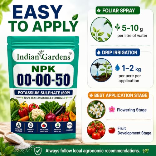 Image of Indian Gardens NPK 00:00:50 Potassium Sulphate Fertilizer (250 Grams) for Plants | 100% Water Soluble Powder | High Potassium Plant Nutrient for Flowering | Foliar Spray & Drip Application