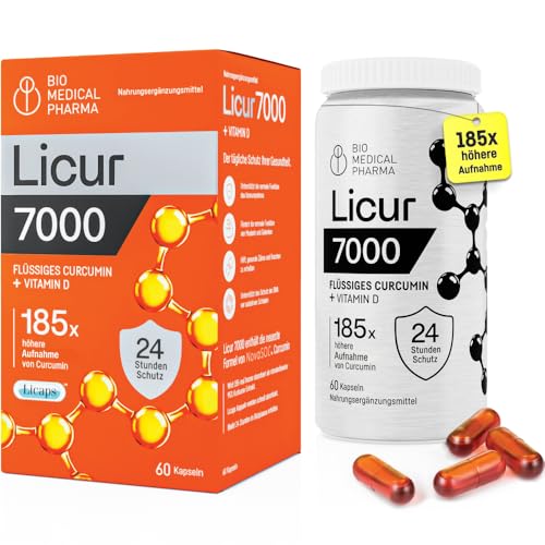 Kurkuma Kapseln Hochdosiert – 185x Höhere Bioverfügbarkeit – Mizellares Curcumin NovaSOL – Nur 1 Kapsel Täglich Ohne Piperin – Flüssig mit Vitamin D3 – Licur 7000 (60 Kapseln, 2-Monats-Vorrat)