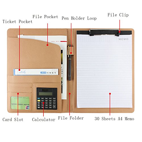 File Folder,Padfolio Clipboard Folder Portfolio Ring Binder A4 Conference Clip Board Pu Leather Organizer Case Bag Business Card Holder Writing Notepads Clipboard With Pen Holder Loop & Calculator #TOP2