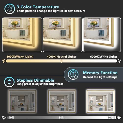 Image of 44x30 Gold Beveled LED Bathroom Mirror with Lights, Brushed Gold Framed Backlit and Front Lit Anti-Fog Lighted Vanity Mirrors for Bathroom Wall, Dimmable, 3 Colors, Memory, HD Tempered Glass
