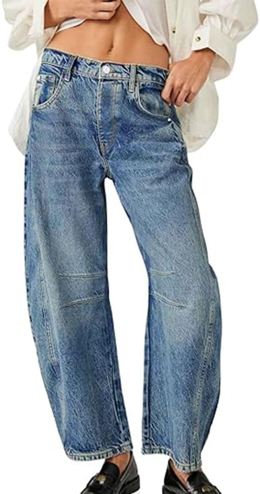 HUNGSON Women's Barrel Jeans Wide Leg Mid Rise Loose Y2k Baggy Boyfriend Jeans Denim Ankle Pants