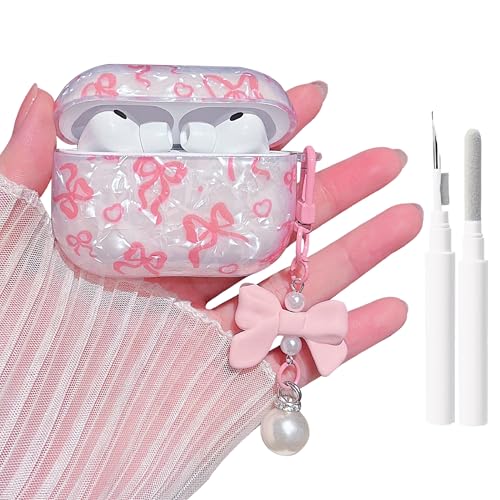 Image of MINSCOSE for Cute Glitter AirPods Pro 3rd Generation Case (2025) with Cleaner Kit,Shell Pattern Bow Ribbon Trendy Design with Bowknot Pearl Keychain for Girls Women for Airpods Pro 3-Pink
