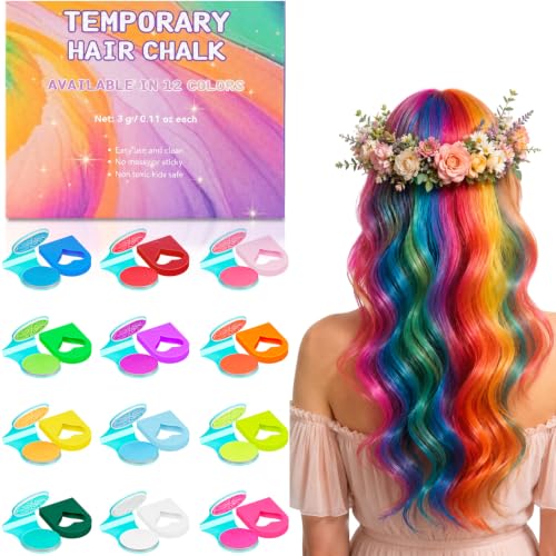 HULYHDP 12 Colors Temporary Hair Chalk, Washable Hair Dye for Kids, Non-Sticky UV Light Neon Hair Color, Makeup for Birthday Parties, Halloween & Christmas Festival Gifts, Ideal for Girls Ages 6-10