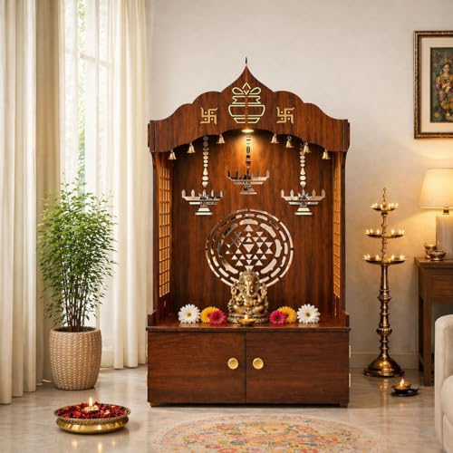 HomScape Timeless Wooden Temple/Mandir for Home with Spacious Shelf&Inbuilt Focus Light- Finish 109 Cm Brown