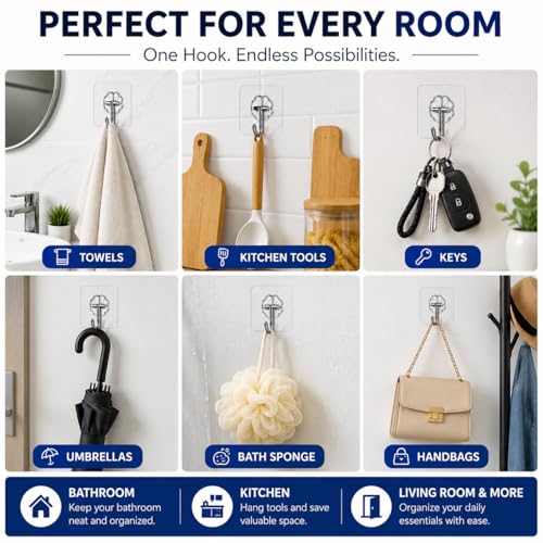 Image of Bindian Self Adhesive Wall Hooks - 25 Pcs Heavy Duty Wall Hooks for Hanging | Nail Free Sticky Hooks for Heavy Items Without Drilling, Transparent Hanger for Wall Hook (25, White)