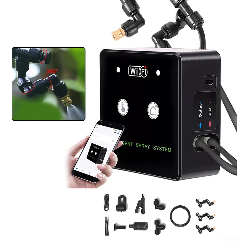 Smart WiFi - Sistema de riego para terrarios (giratorio 360°, niebla con temporización para alta humedad, sistema de pulverización compacto con bomba de aspiración automática y filtro (3 boquillas)