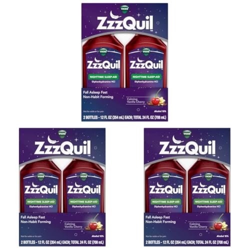 Image of ZzzQuil Liquid Sleep Aid, Diphenhydramine 50mg HCl, Calming Vanilla Cherry Flavored, Nighttime Sleep Aid Liquid, Sleep Aids for Adults, 12 Fl Oz (Pack of 6)