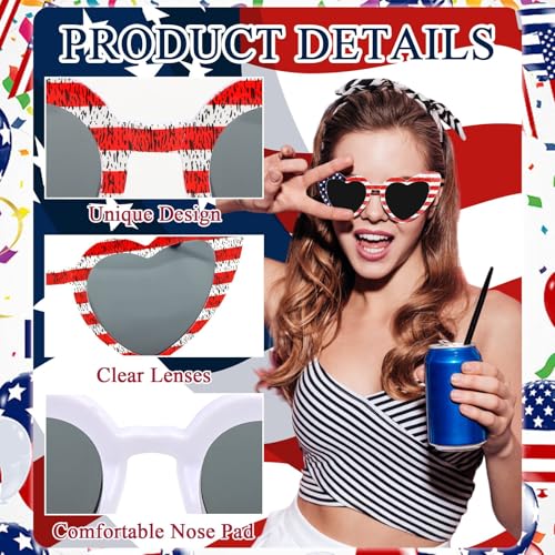 Fourth of July Sunglasses for Women USA Accessories, Heart American Flag Glasses for Patriotic Outfits, Red White and Blue Sunglasses for Men 4th of July Gifts4