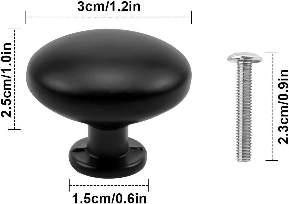 NATUCE 10PCS Matted Black Cabinet Knobs, Round Mushroom Drawer Pull Handle, 30MM Aluminum Alloy, Single Hole With Screws for Cupboard Wardrobe Furniture