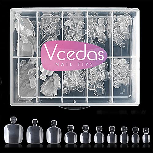 Vcedas 200 PCS Clear False Toenails Full Cover Artificial French Toenail Acrylic Kit 10 Sizes with Box for Nail Salon Toe Art Nails