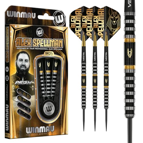 Winmau Professional Steel Tip Darts Set - Alex Spellman Signature Series - for Adult Players - 22g - 90% Tungsten Barrel Flights and Shafts Included - Black and Gold