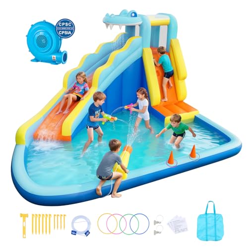 VEVOR Château Gonflable, Aire de Jeux Gonflable Extérieur avec Souffleur, Toboggan Aquatique, Lancer d'Anneaux, Piscine, Canon à Eau, pour 3 à 4 Enfants de 3 à 8 Ans, Thème Crocodile, 353x400x235 cm