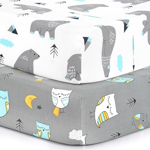 BROLEX Baby Fitted Crib Sheets: Kid Crib Sheets - Set of 2 for Toddler Standard Size Crib Mattress for Boys and Girls - Jersey Knit Crib Bed Sheets Owl Bear