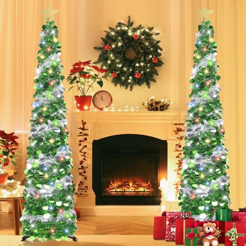 SINTENILL 6 FT Pop Up Christmas Tree with 100 LED Timer Lights & Remote, Green Collapsible Christmas Tinsel Tree Artificial Pencil Tree Xmas Decoration for Holiday Home Office Party, USB Powered by SINTENILL - Used condition - CA$10.31