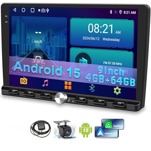 [4+64GB] 9“ Double Din Car Stereo Android 15 Apple CarPlay Android Auto Radio, 9 Inch IPS 1280 * 720 Touchscreen with GPS, Bluetooth 5.2 FM Radio DSP Audio 1080P Backup Camera, WiFi Google Play