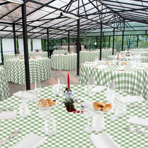 Image of 12 Pack Sage Green Plastic Checkered Tablecloth Round, Premium Decorative Disposable Sage Green Gingham Plaid Table Cloths for Parties, Round Party Table Cover for Baby Shower Picnic Birthday, 84 Inch