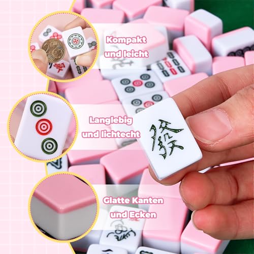 F Fityle Mini Mahjong Set, Majongsteine Spiel, Traditionelles Chinesisches Majong Spiel, Tragbarer Brettspiel Set mit 144 Mahjong Steinen, Tabletop Brettspiel für Familien Camping, ROSA