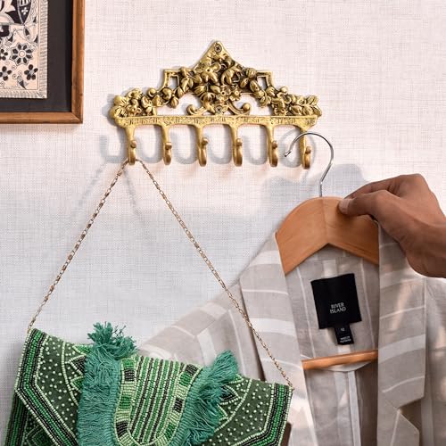 Indian Shelf BTH-205-1 Gold Vintage Wall Hooks For Keys- Boho Key Holder For Wall Decor- Victorian Brass Coat Hooks- 6 Prong Decorative Key Hooks thumb #6
